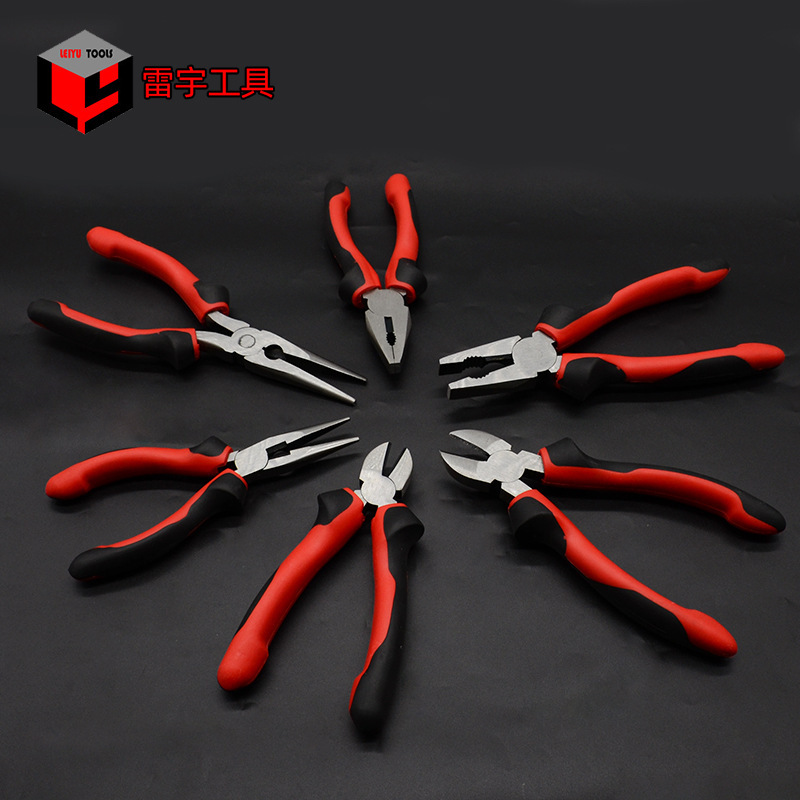 Plant multipurpose tiger pliers, slashing steel wires with a striped-wire electrician tool.