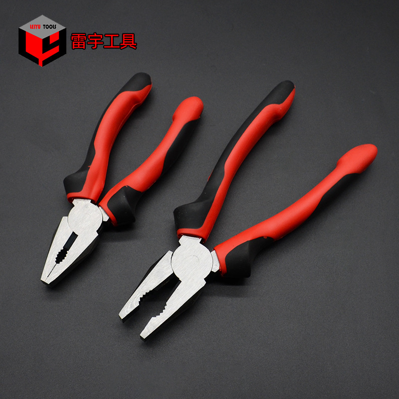 Plant multipurpose tiger pliers, slashing steel wires with a striped-wire electrician tool.