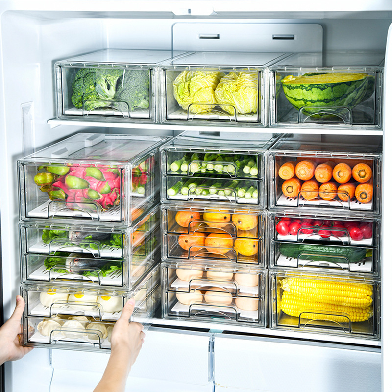 Một hộp tủ lạnh kiểu ngăn kéo với nhiều lớp để gấp với hộp phát quang cho trứng.