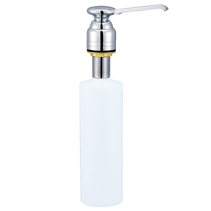 A thick stainless steel kitchen soap dispenser, a hand washer, a hotel soap dispenser.