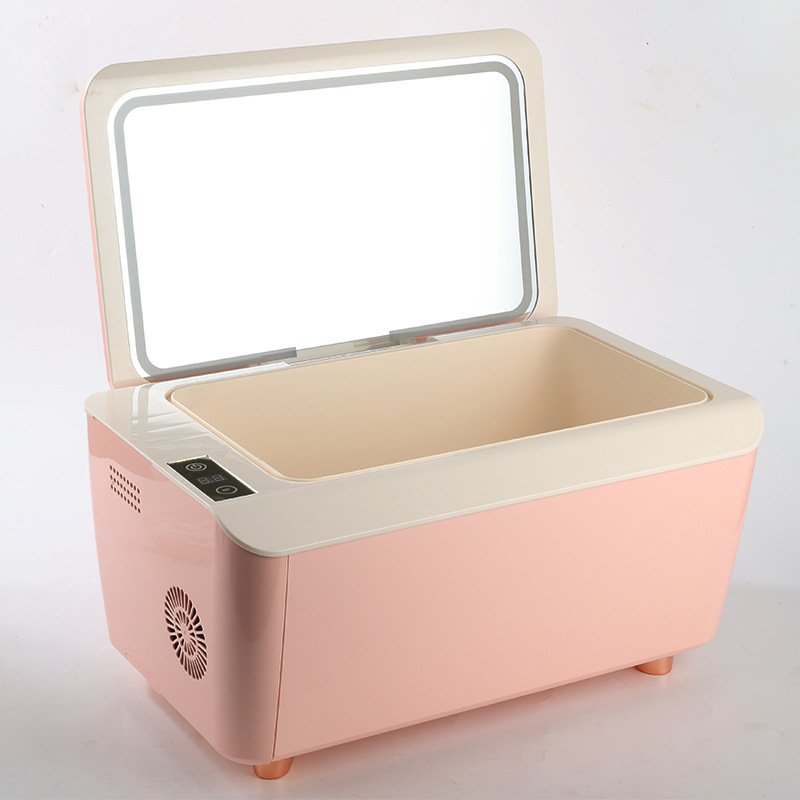 Một tủ lạnh trang điểm nhỏ với tủ lạnh trang điểm và một sữa mẹ ở ký túc xá trung học.
