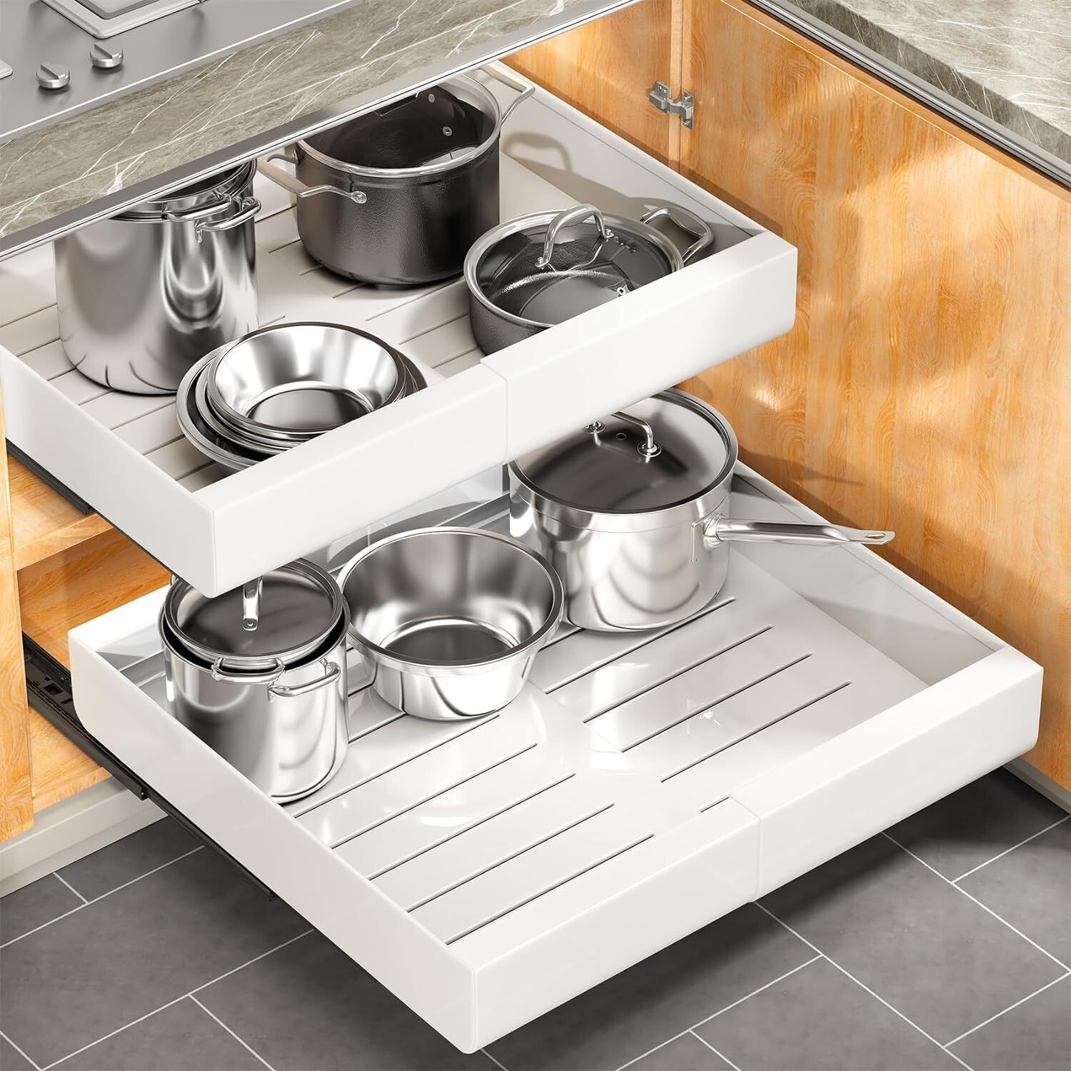 Một con trượt có thể kéo dài quỹ đạo trong tủ đựng đồ trong nhà bếp và trong ngăn kéo bồn rửa chén.