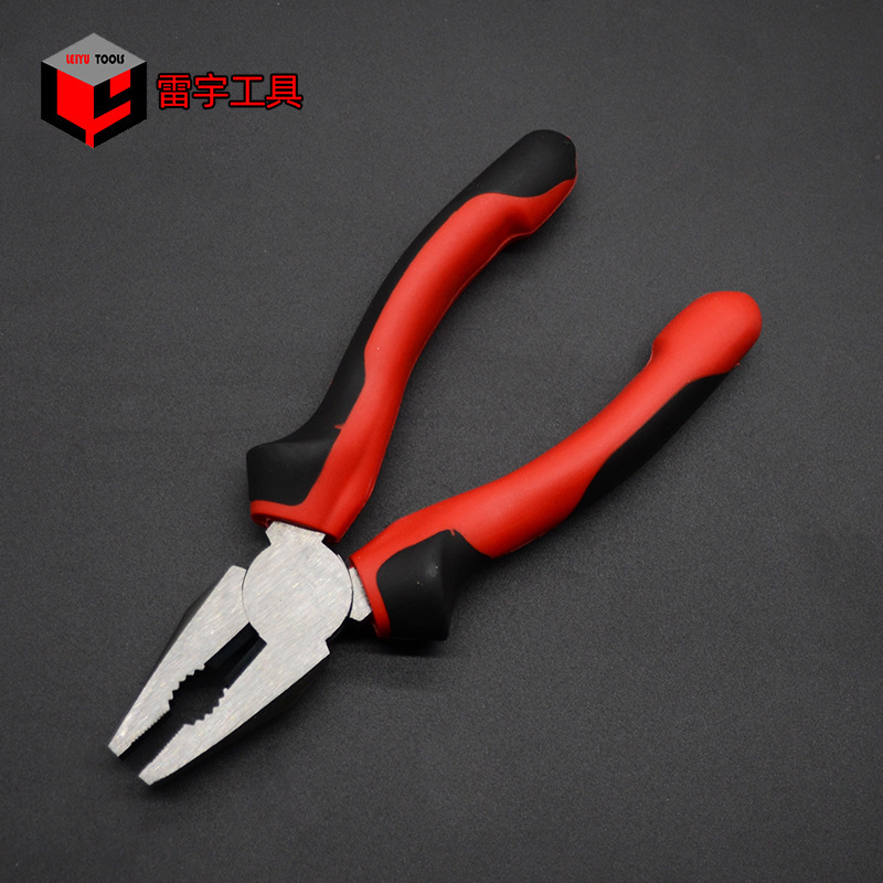 Plant multipurpose tiger pliers, slashing steel wires with a striped-wire electrician tool.