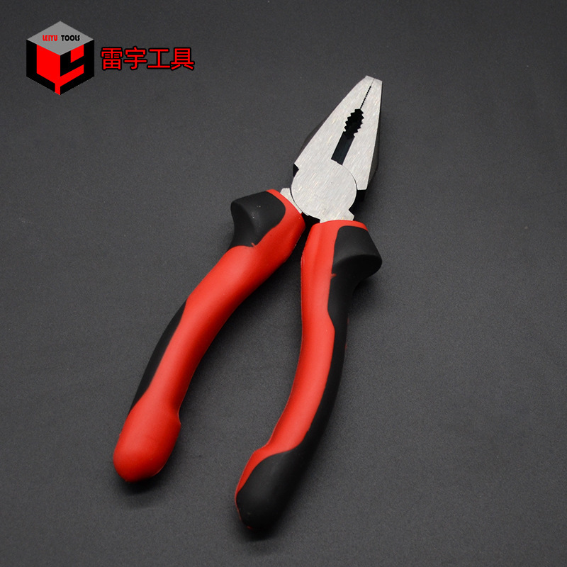 Plant multipurpose tiger pliers, slashing steel wires with a striped-wire electrician tool.