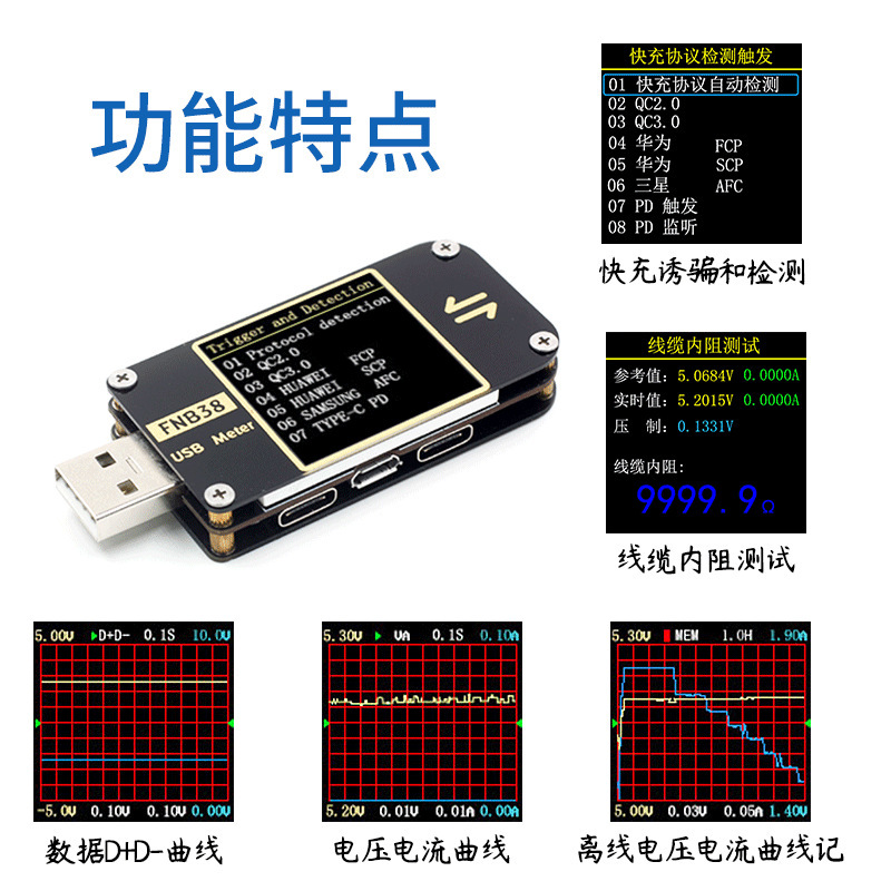 USB voltage current gauge, capacity QC4+PD3.0 2.0 PPS, etc.