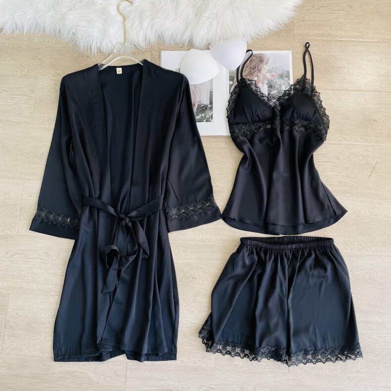 2022 pyjama với một dây nịt lụa mới, lông vũ dài, mỏng, sexy ba cặp quần áo nhà.