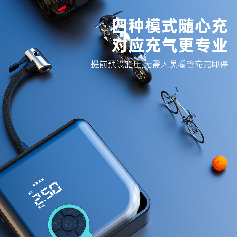 Một máy bơm xăng gắn xe mang theo một phương tiện điện sử dụng một số lượng nhỏ không dây lốp nhìn thấy được để bơm một máy bơm cảnh báo không khí ngoài trời