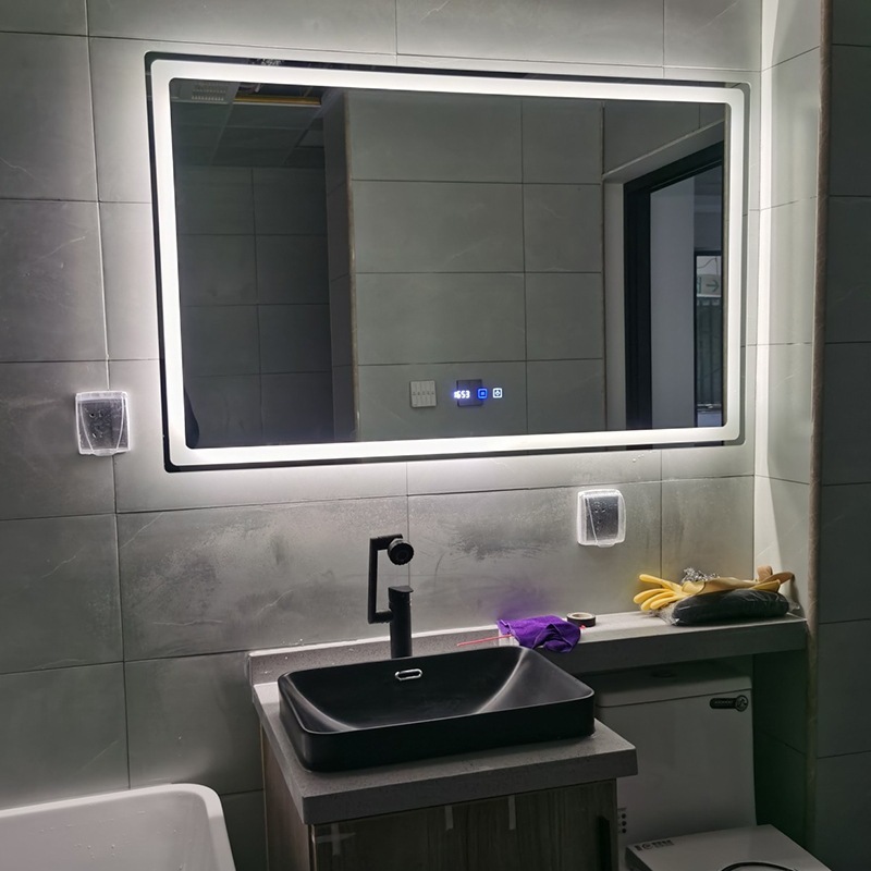 Large-sized smart bathroom mirror with a light-protected shower mirror touch screen