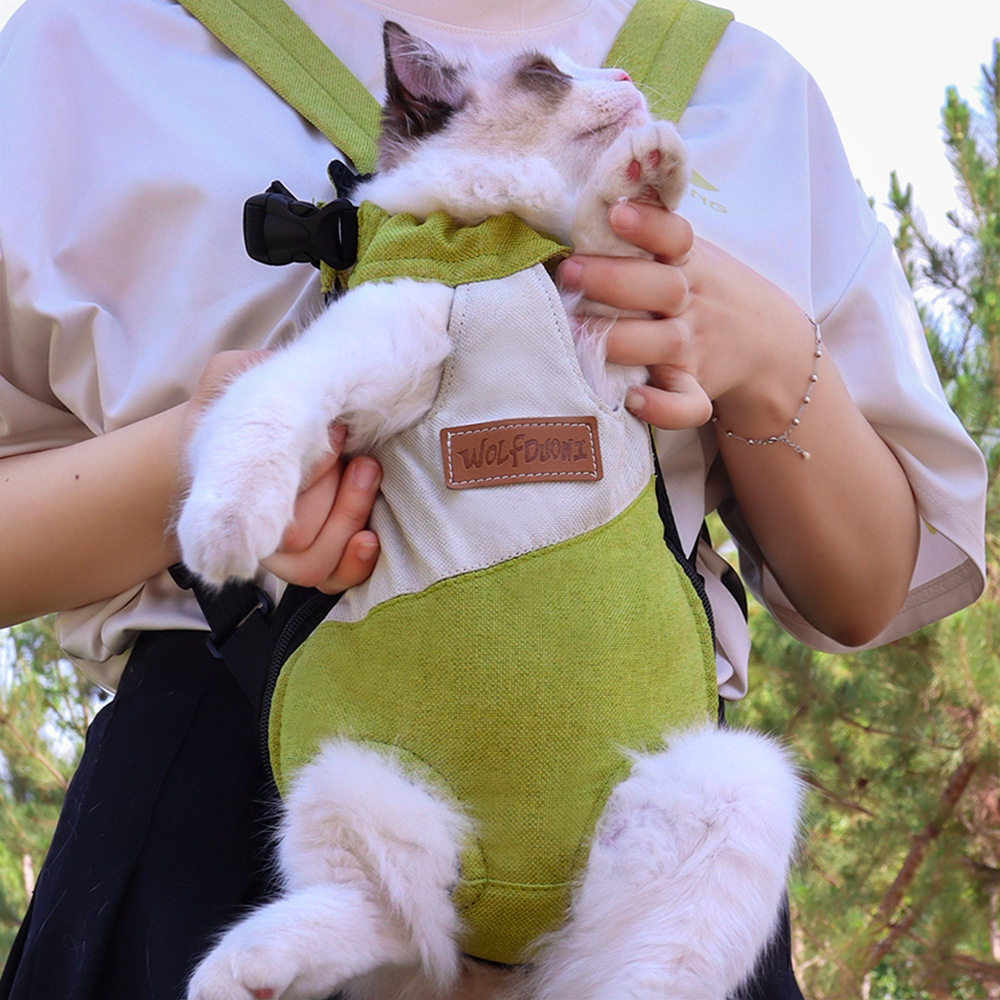A pet goes out with a shoulder backpack and a cat and a dog rides through the air.