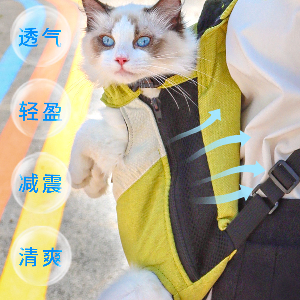 A pet goes out with a shoulder backpack and a cat and a dog rides through the air.