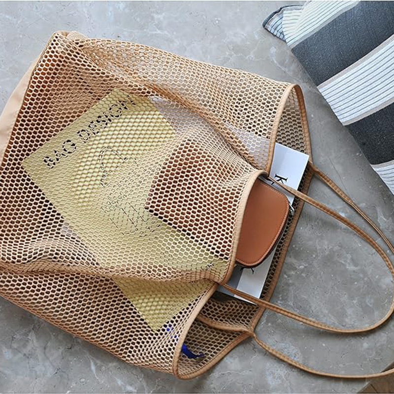 Amazon's hot beach-covered, large-capacity net-eye handbag-packed net cloth lady with one-shouldered swimming bag