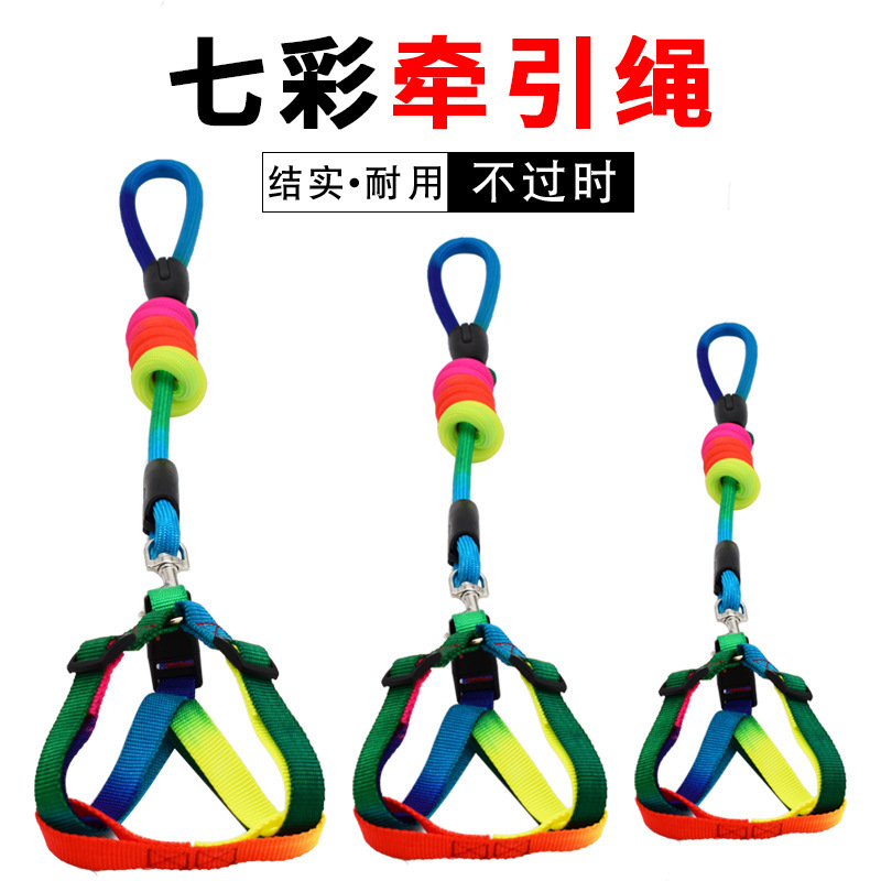 The seven-coloured nylon-line pet tow rope regulates the size of the chest with rainbow-coloured pets on the back.