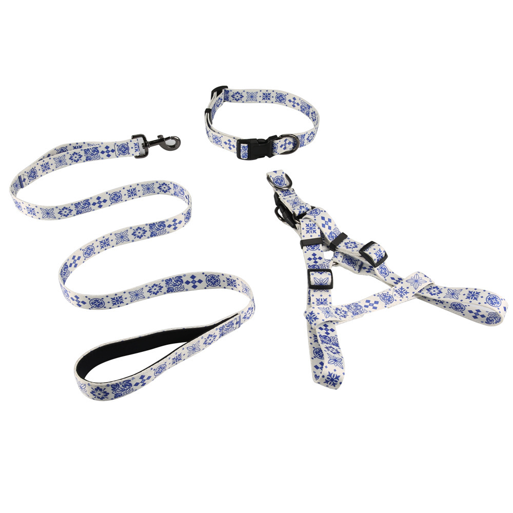 The Amazon pet set a tow rope, and the dog takes out three pairs of collars, walking the dog around the neck and cleaning his chest.