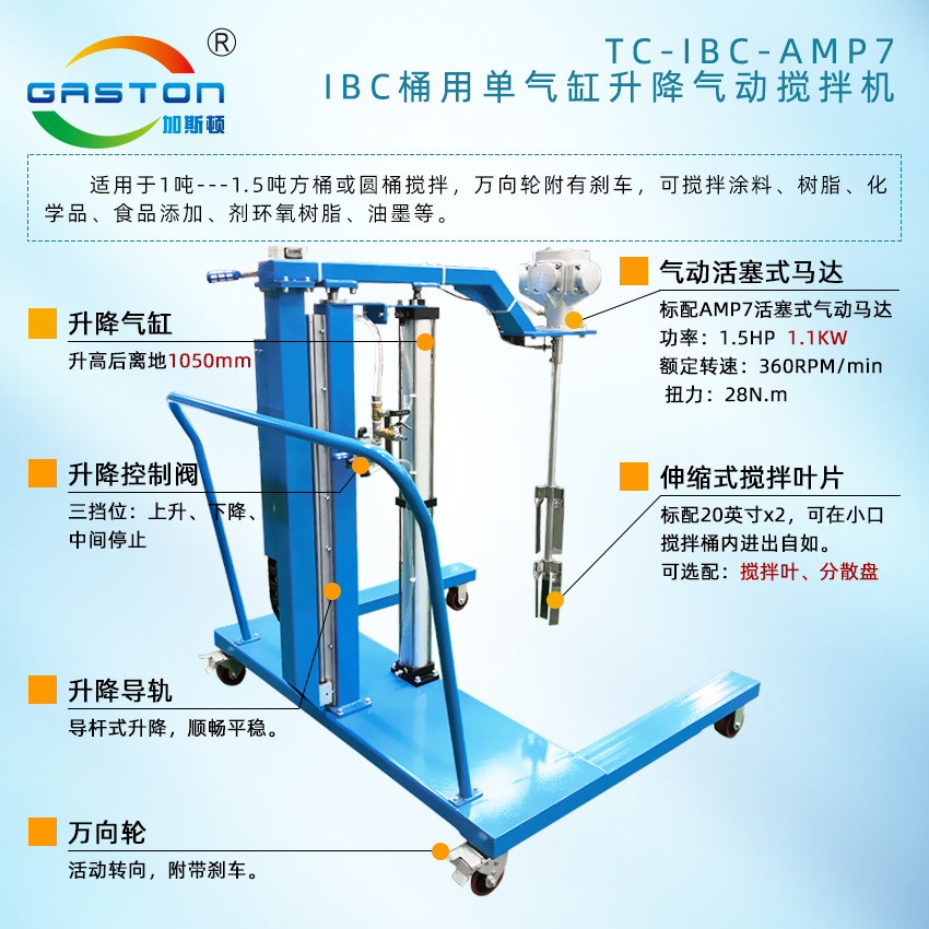 The manufacturer sells Gaston gas up and down IBC drums with 1,000 L-pattern power mixer.