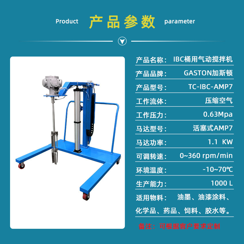 The manufacturer sells Gaston gas up and down IBC drums with 1,000 L-pattern power mixer.