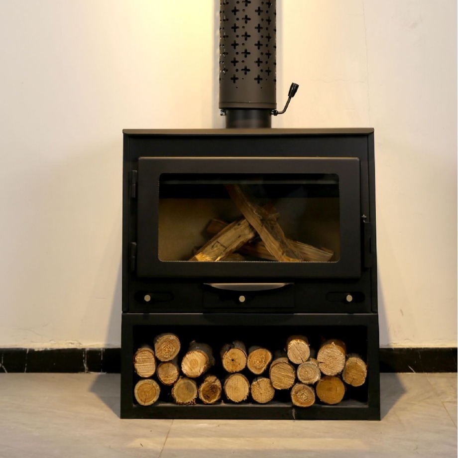 The fireplace is home-grown with a modern European-style wood-fired steel plate.