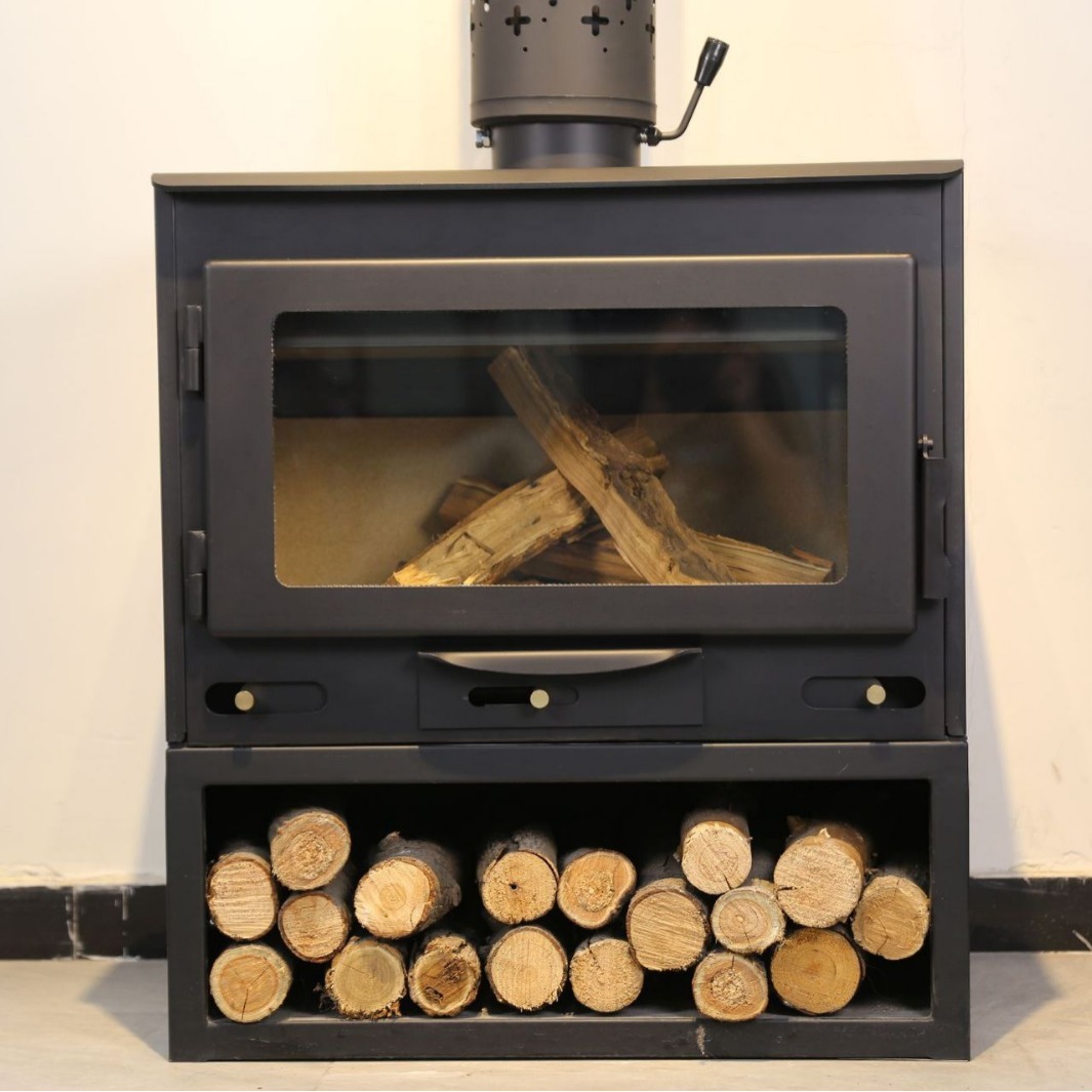 The fireplace is home-grown with a modern European-style wood-fired steel plate.