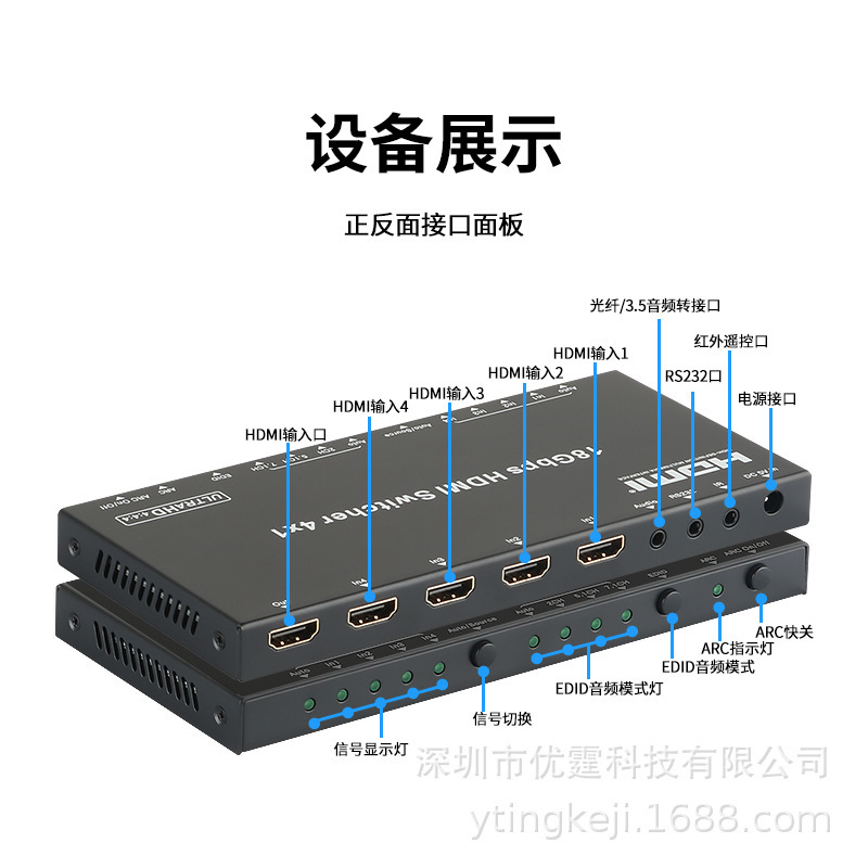 4K@60HDMI Switcher 4x1 with RS232 automatic recognition of 18G infrared IR remote audio L/R fibre