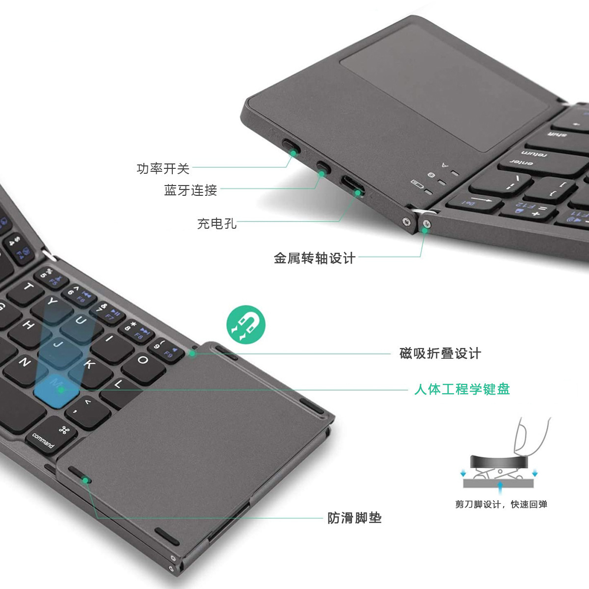 Mini 3-fold keyboard supports cell phone flat notebooks that fold chargeable band touch plate Wireless Bluetooth