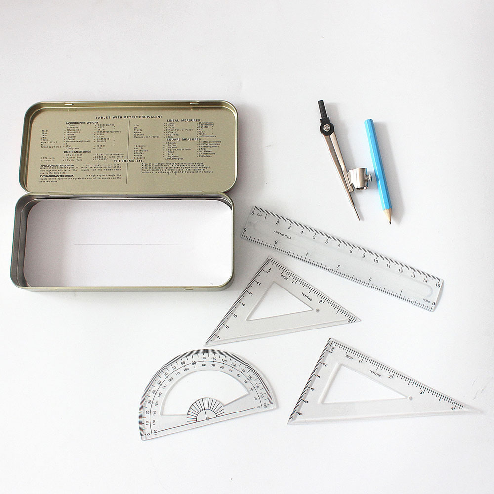 Specialized in the production of a mathematic kit for cartoon stationery, and a pedestal metal plastic set of ruler sets