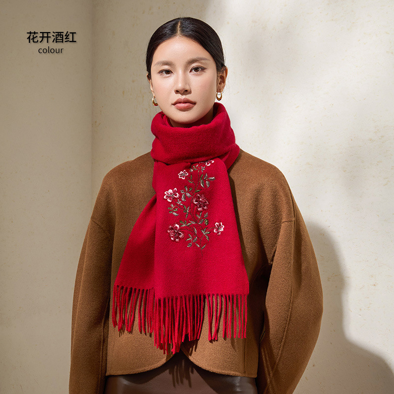 100% of the red wine red wool scarf girl's winter new red mother's birthday present.