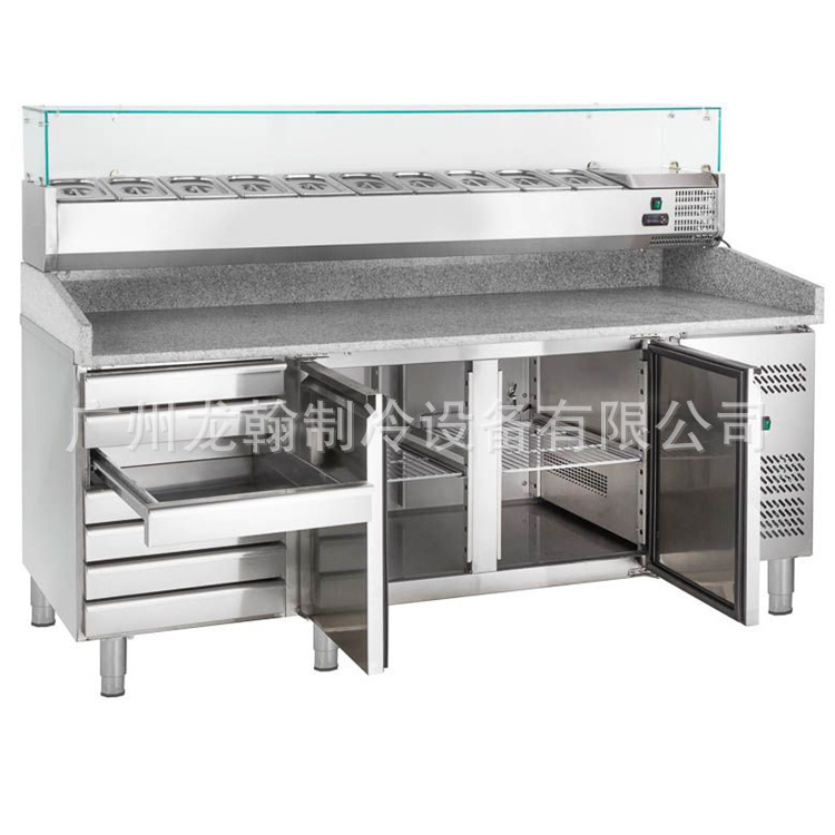 Tiệm làm lạnh thép không gỉ mở một món pizza salad để làm tủ trưng bày nước lạnh