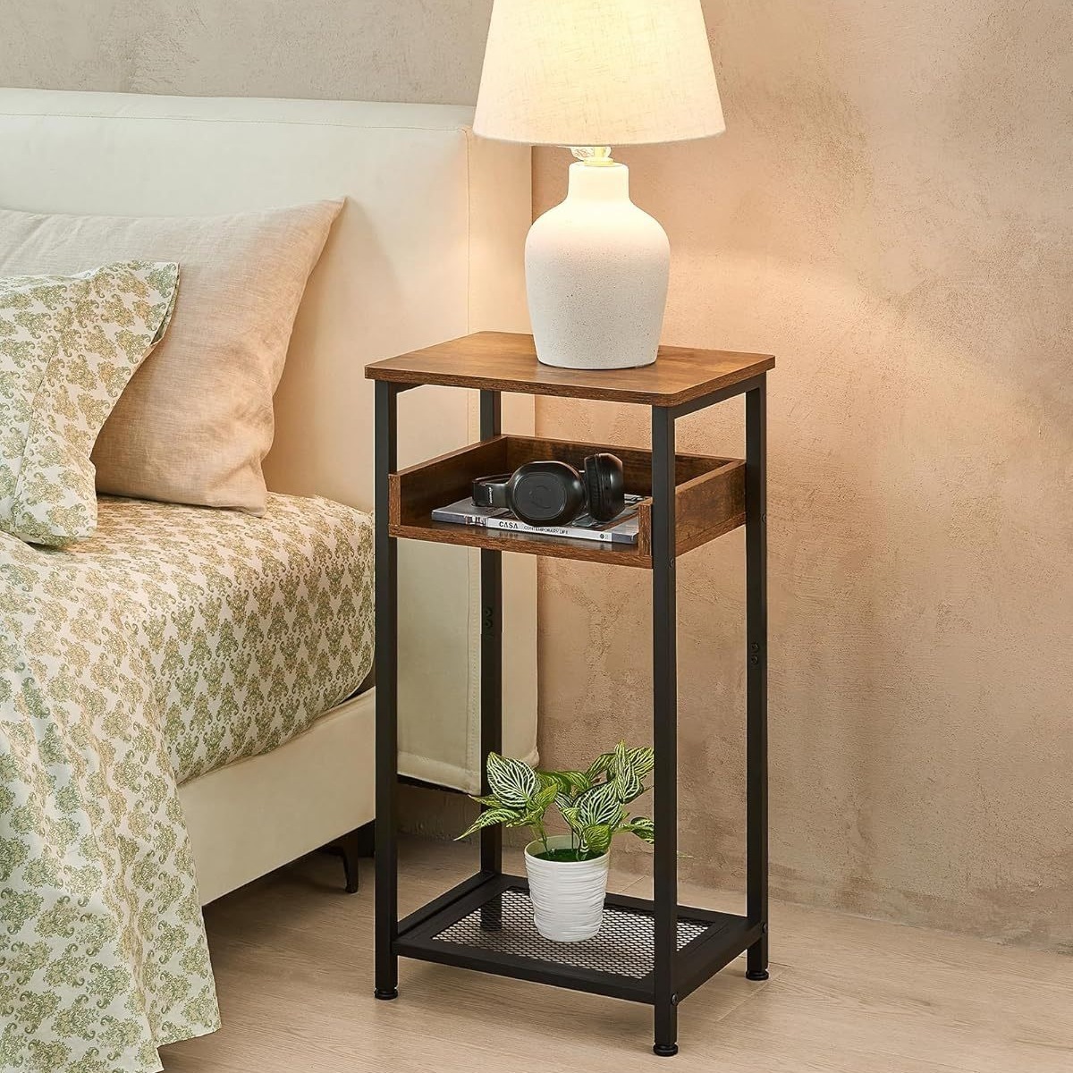 The tea table of modern, simplistic, high-side table and storage uses the small space living room couch bedtop.