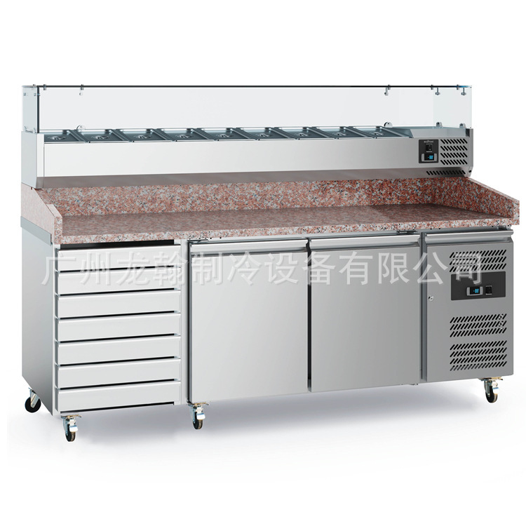 Tiệm làm lạnh thép không gỉ mở một món pizza salad để làm tủ trưng bày nước lạnh