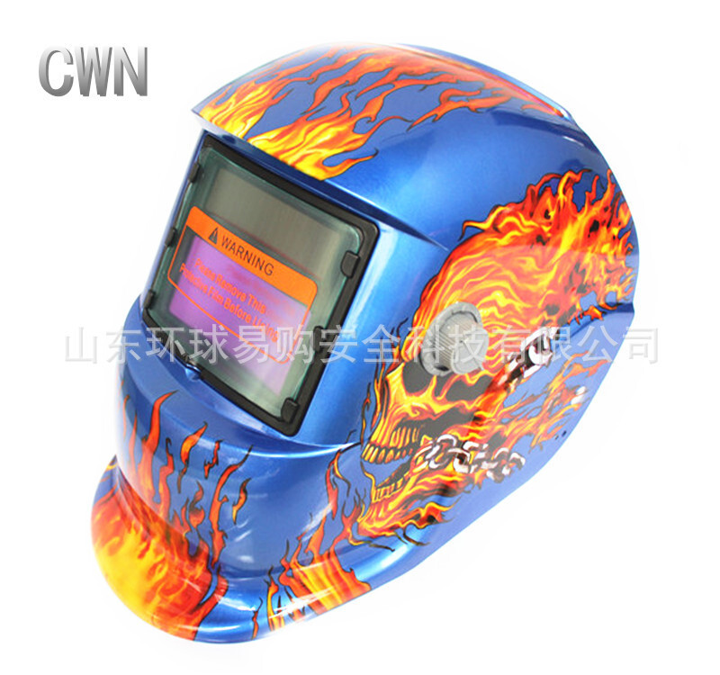 Welding mask on the head.