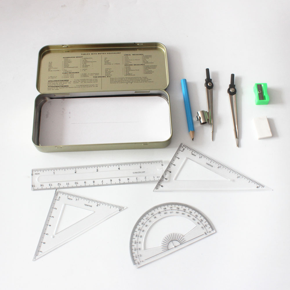 Specialized in the production of a round ruler set, mathematical masonry drawing metal plastic rubber for students.