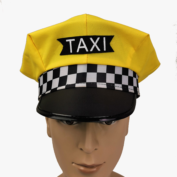 A holiday party with a yellow cab driver with an oval hat taxi army hat party and a bar club role.