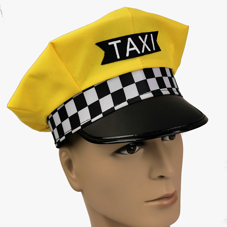 A holiday party with a yellow cab driver with an oval hat taxi army hat party and a bar club role.