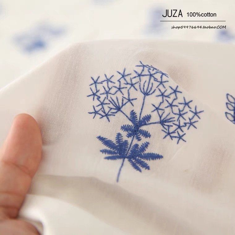 Blue little leaf embroidery fabric, white silk embroidery, 2022 clothing table fabric