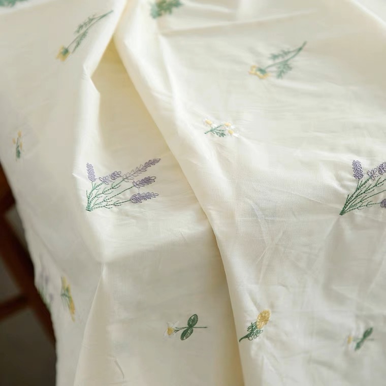 Lavender embroidery, cotton fabric, summer dress, hand-made DIY table.