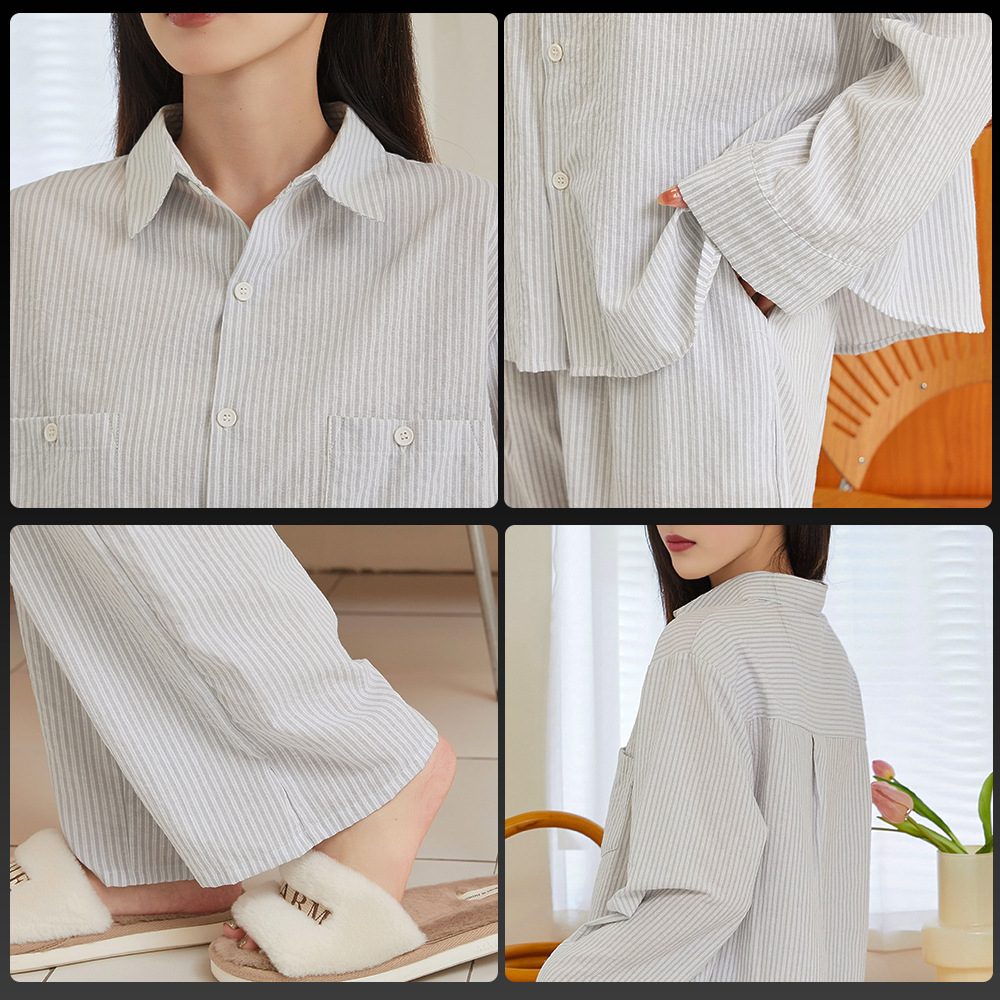 Cô Pyjamas với một sọc băng vệ sinh trên bộ đồ mùa xuân dài duyên dáng với bộ quần áo nhà đất bằng vải bông.