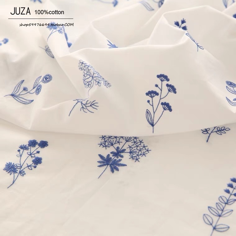 Blue little leaf embroidery fabric, white silk embroidery, 2022 clothing table fabric