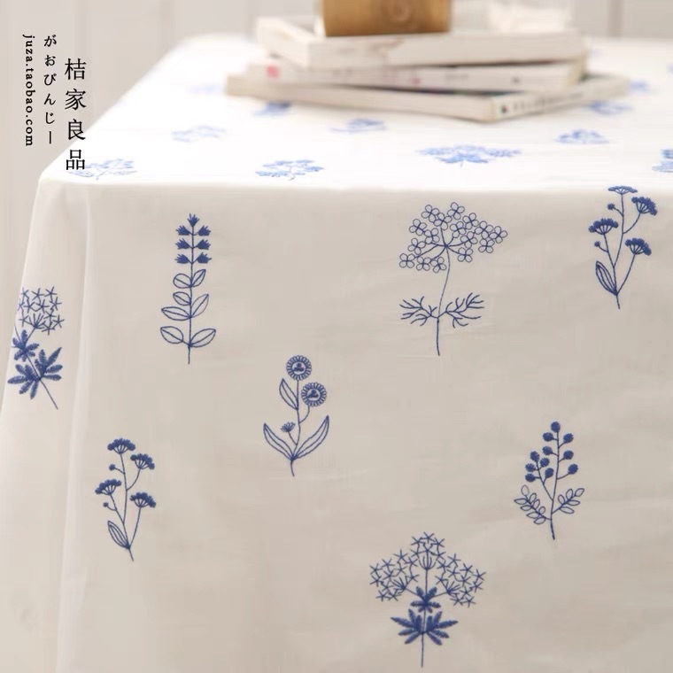 Blue little leaf embroidery fabric, white silk embroidery, 2022 clothing table fabric