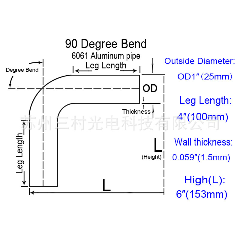 Ống phóng áp suất thay đổi 90 độ C, chiều dài 25 mm/leg 100*100