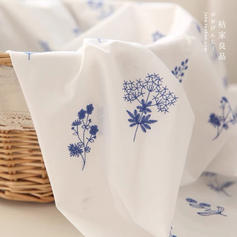 Blue little leaf embroidery fabric, white silk embroidery, 2022 clothing table fabric