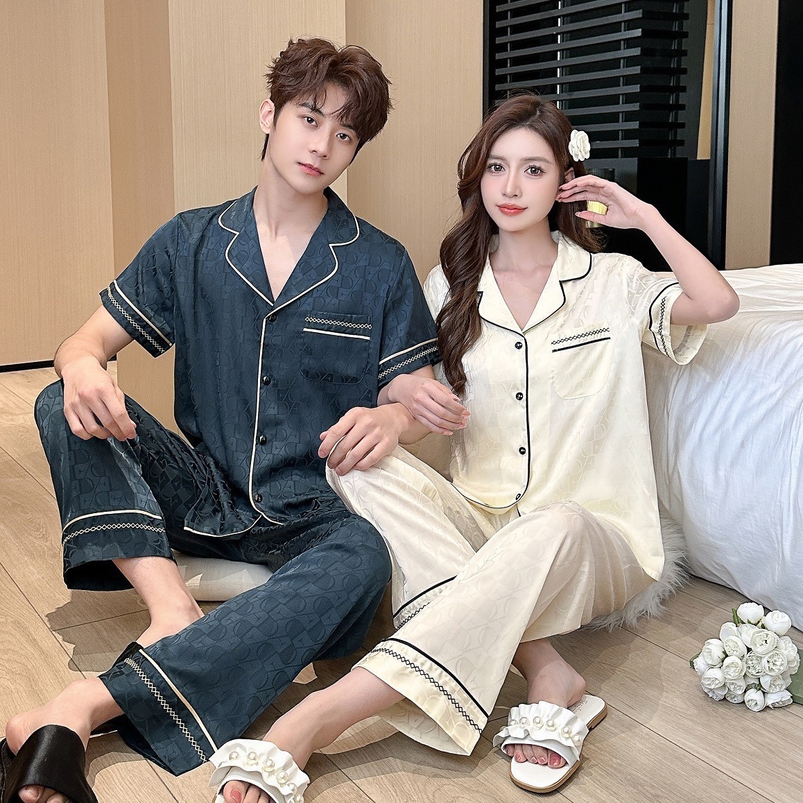 Áo ngủ của cặp vợ chồng 2024, tay áo mới của người đàn ông mới, cô gái mặc vest đen.