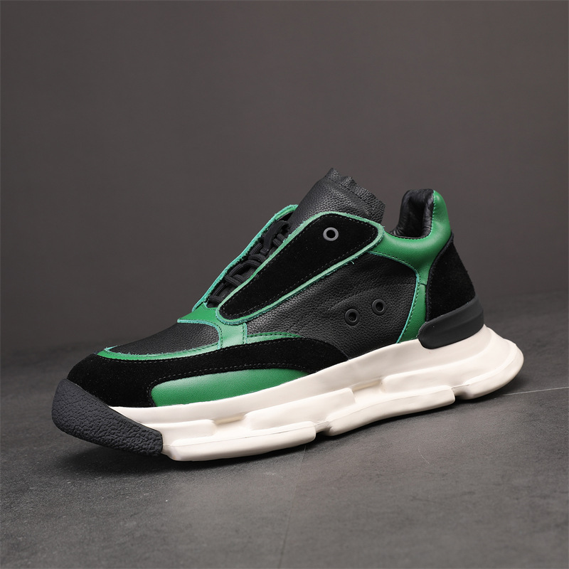 The man with the leisure leather shoes can wear his old man's shoes.