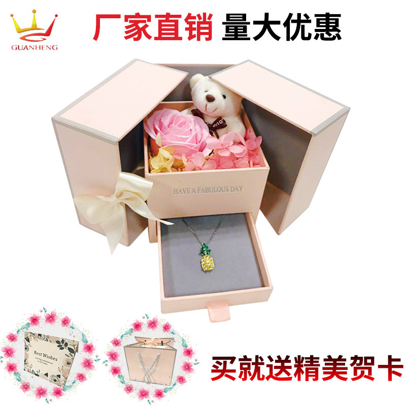 Rose Bear Living Flower Box, double-opened necklace jewelry box, Valentine's Day White Girl's birthday gift box.