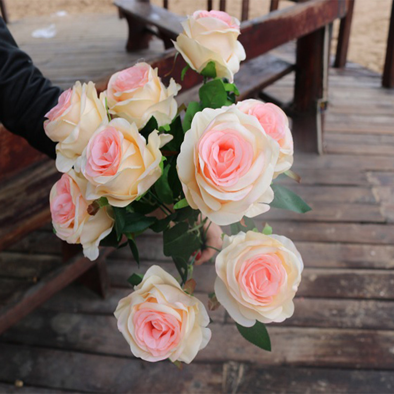 9头  仿真玫瑰花单支 假玫瑰花仿真花束摆设装饰花塑料花绢花假花