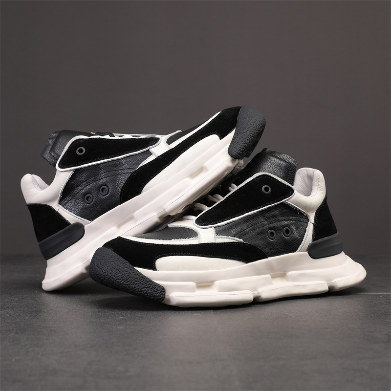 The man with the leisure leather shoes can wear his old man's shoes.