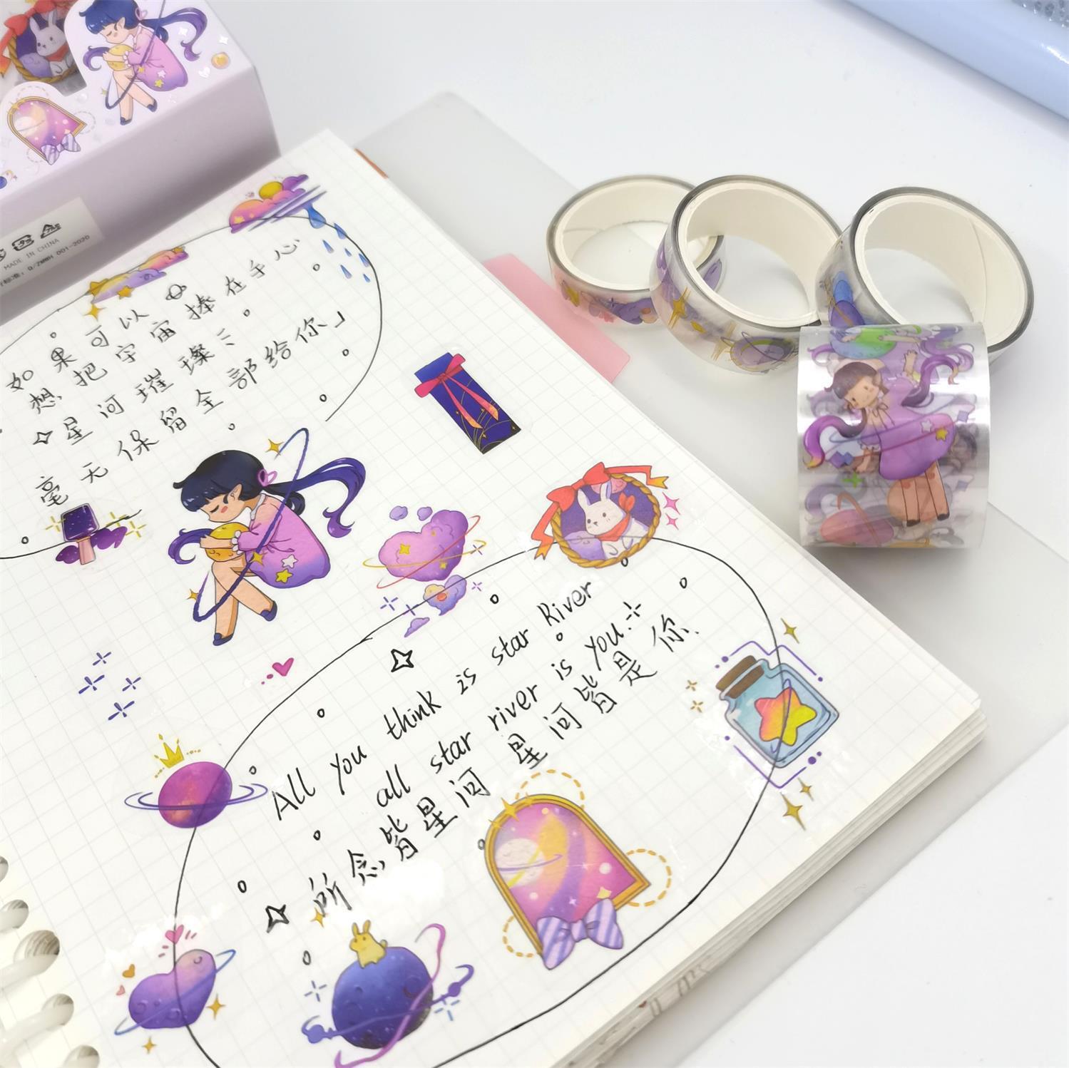 Tùy chỉnh băng dính dính dính tán xạ với hộp mực chống thấm nước cho việc in sổ tay màu sắc dễ thương cho băng trong suốt
