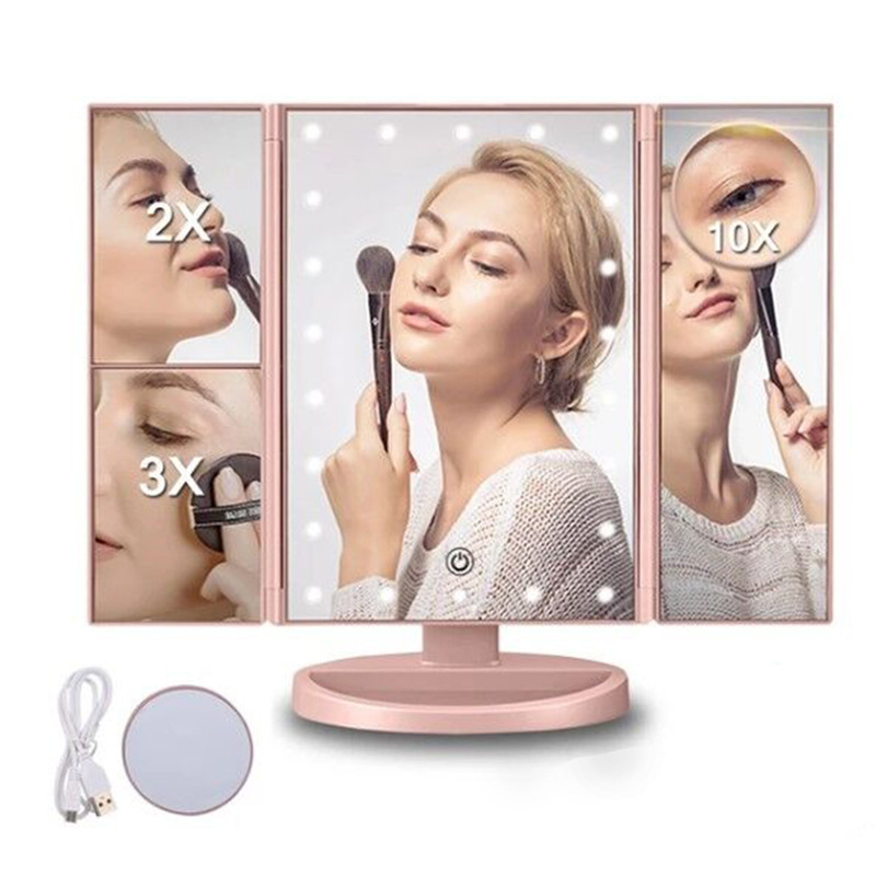 LED trifle makeup mirrors, triple folding of desktop room dressing mirrors with smart headlights.