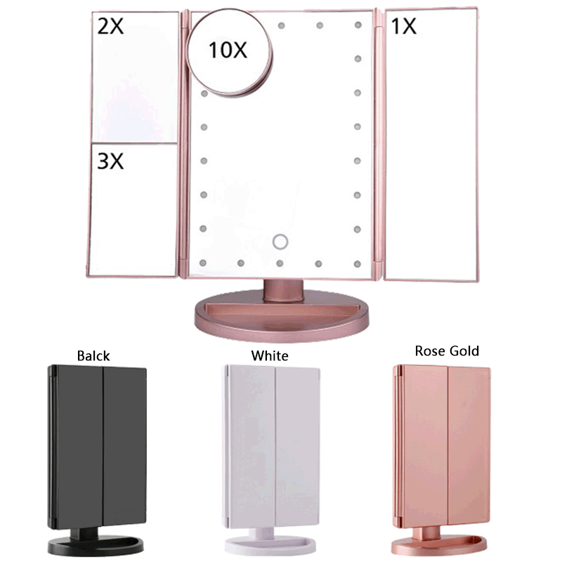 LED trifle makeup mirrors, triple folding of desktop room dressing mirrors with smart headlights.