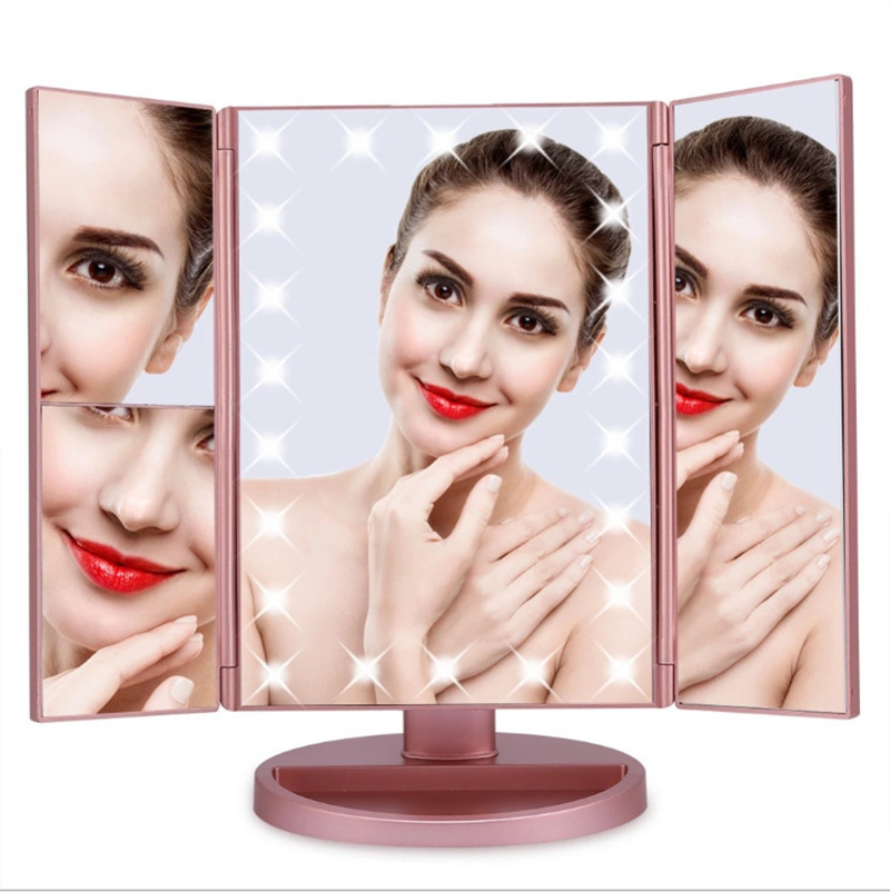 LED trifle makeup mirrors, triple folding of desktop room dressing mirrors with smart headlights.