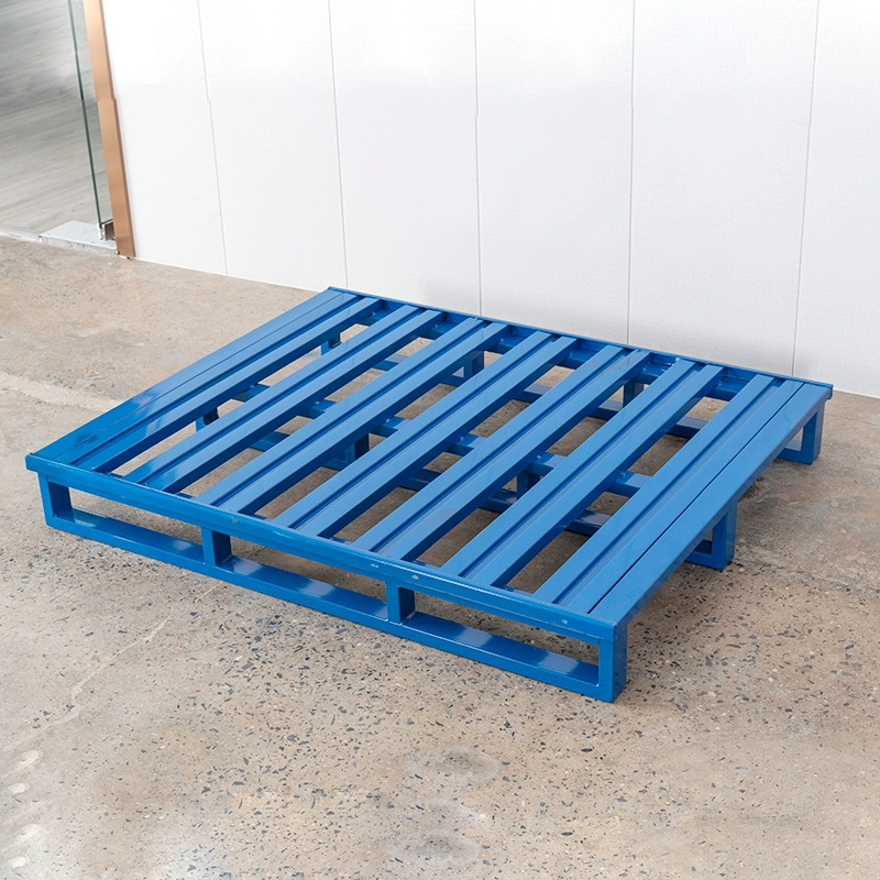 A steel forklift tray, a heavy shelf storage pallet, a metal platinum.