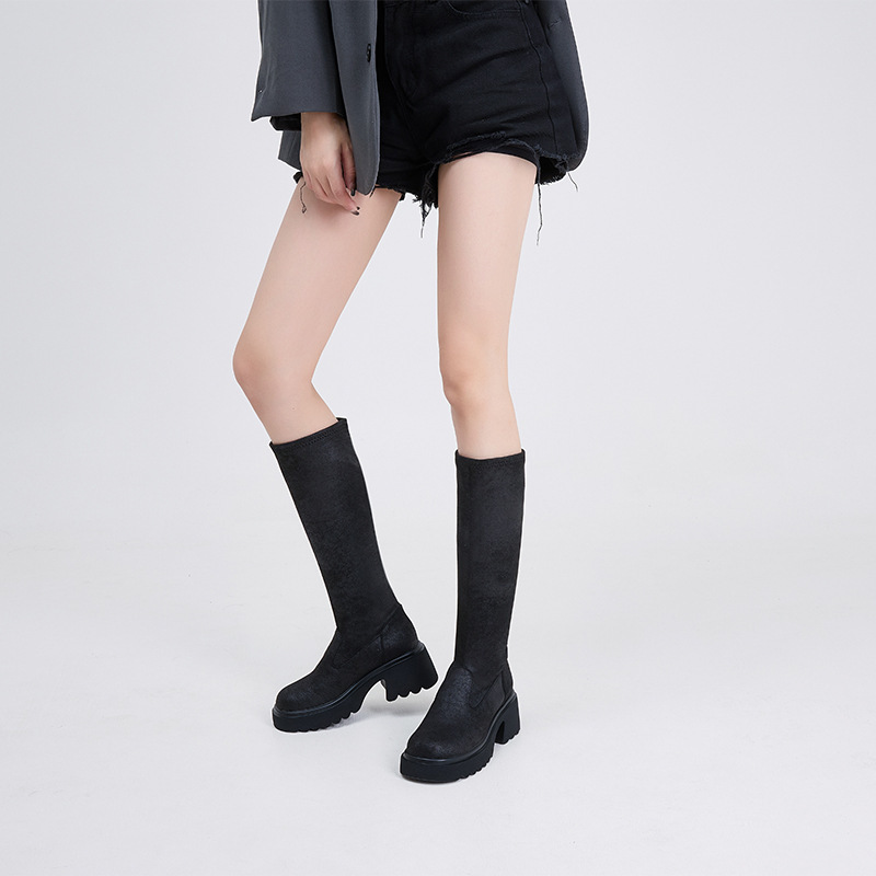 厚底绒面长靴女2024秋冬新款粗跟松糕复古高筒靴百搭不过膝骑士靴
